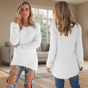 Femmes décontracté surdimensionné blanc solide coton tricoté pull col rond ample Hipster pull chaud à manches longues Blouse - Product Image 3