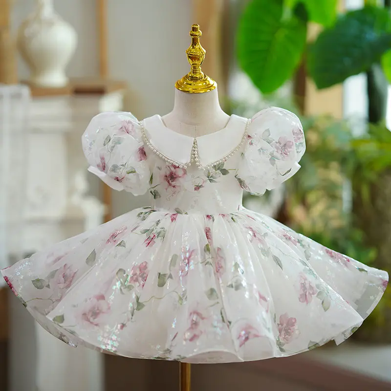Son baskılı organze yapılan küçük bebek prenses tarzı kabarık elbisesi bebek parti elbiseler çiçek kız elbiseler