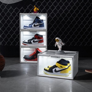 side open magnetic clear stackable shoe box led lights acrylic sound control led light shoe storage sneaker box with lighting