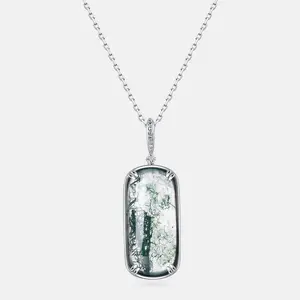 Wholesale 925 Sterling Silver Natural Green Moss Stone Trendy Pendant Necklace For Women