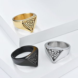 Valknut <b>Ring</b> Men's Steel Black Geometric Nordic Odin Triangle Knot Jewelry Gift - Product Image 5