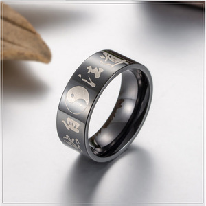 Taoist Style <b>Titanium</b> Steel <b>Ring</b> Black With Yin Yang And Chinese Characters Unisex Jewelry Gift - Product Image 4