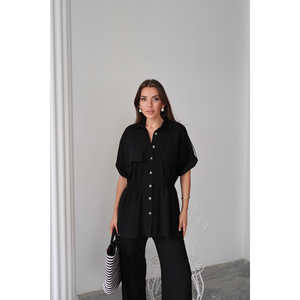 Conjunto de Camisa y Pantalones de Lino Negro para Mujer, Cintura con Cordón, Corte Holgado, Largo por Encima de la Rodilla, Estilo Oficina, Tops Cortos de Verano - Product Image 2