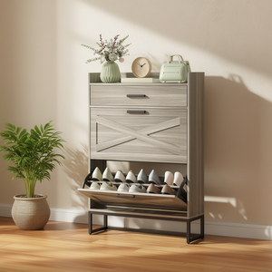 ตู้เก็บรองเท้าสีเทาแบบเรียบง่าย 2 ลิ้นชักแบบพับได้ จัดเก็บรองเท้าได้ 12 คู่ สไตล์โมเดิร์นฟาร์มเฮาส์ สำหรับห้องนั่งเล่น - Product Image 2