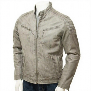 Chaqueta de Cuero Genuino Gris para Hombre, Corte Ajustado, Estilo Motero, Cafe Racer, de Piel de Vacuno, con Hombros Acolchados, Personalizada, Clásica, de Moda - Product Image 1