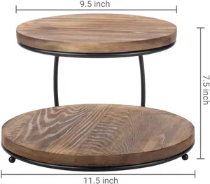 Soporte para pizza de dos niveles con acabado marrón en madera y metal Diseño elegante Ideal para utensilios de cocina y servicio de mesa en casa - Product Image 2