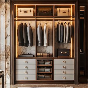 Armoire en bois moderne de luxe nordique pour chambre à coucher, design ouvert, éclairage, tiroirs, accessoires, taille personnalisée, mobilier contemporain - Product Image 1