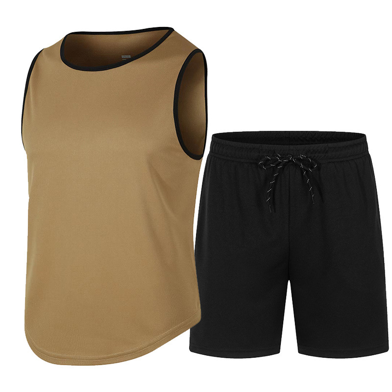 Camel waistcoat black shorts