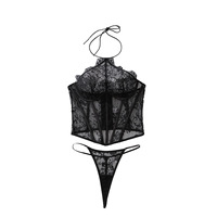 Body sexy en dentelle transparente, style corset, sans bretelles, avec armatures et col halter, un ensemble polyvalent pouvant être porté comme vêtement extérieur