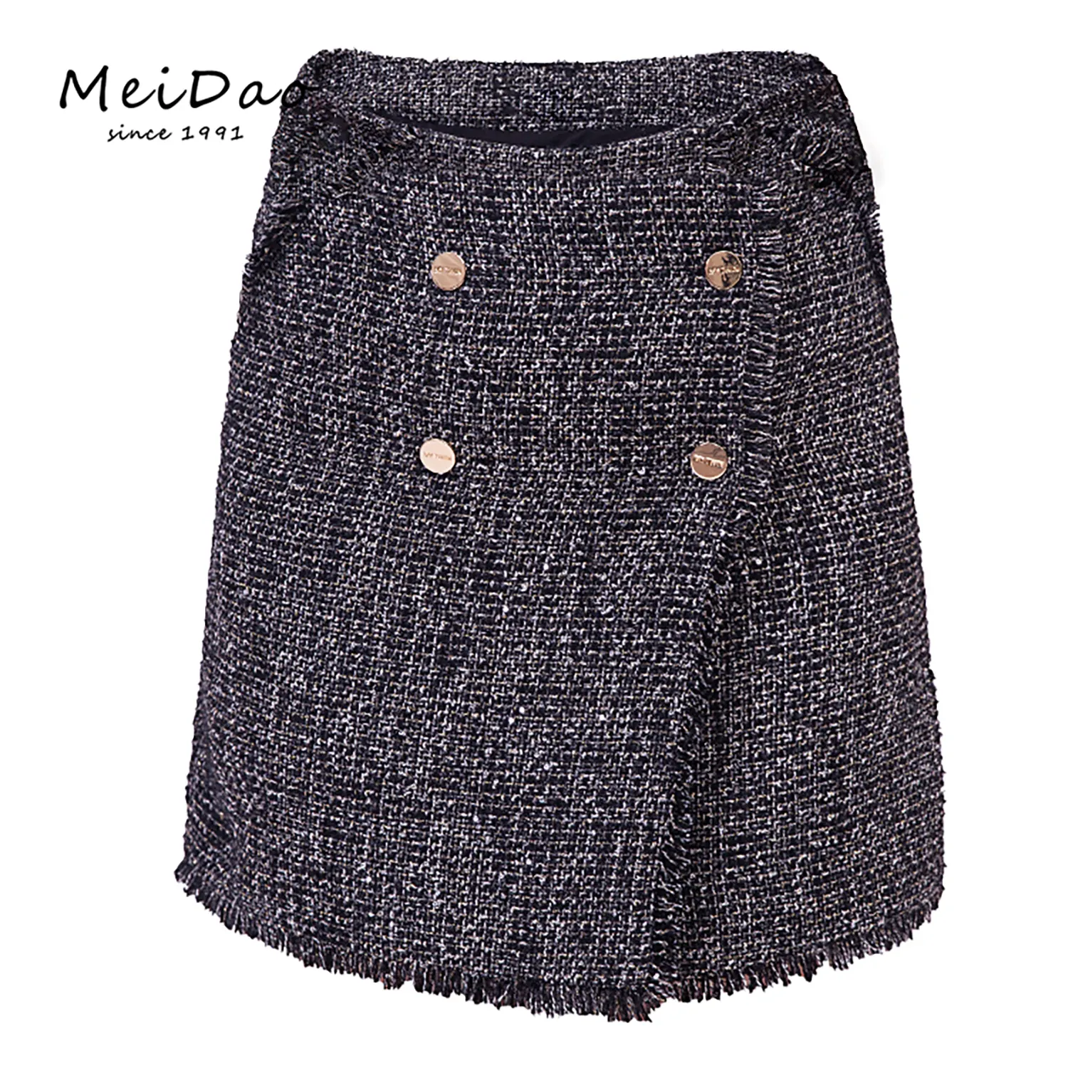 MEIDAO-030179 Zwart Tweed Nieuwe Look Dames Maje Korte Ingerichte Hoge Taille Mini Rok