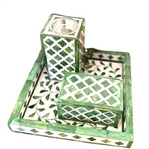 Exquisito Set de Regalo para Eid y Ramadán para Hogares Árabes, Set de Quemador de Incienso con Incrustaciones de Hueso Divine Harmony con Bandeja y Portavelas - Product Image 1