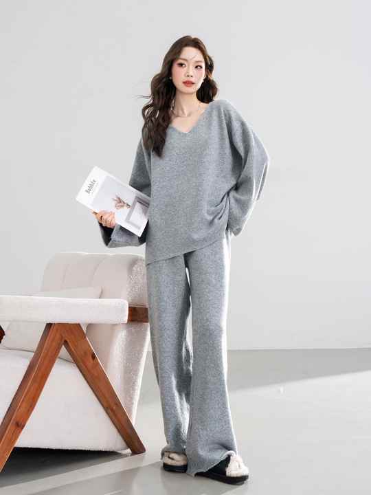 Set Polo Collar Casual Sweater + Loose Wide-Leg Pants Two-Piece Set