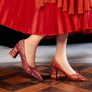 <b>Lace</b> <b>Pumps</b> Pointed Toe Block Heel High Wedding Shoes Bridal Floral Satin Lining Rhinestones 6555F - Product Image 4