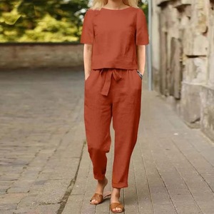 Damen Baumwolle Leinen Sommer Halbarm O-Ausschnitt Top T-Shirt Wide Leg Pants Casual 2-teiliges Set Sehe Fashion - Product Image 1