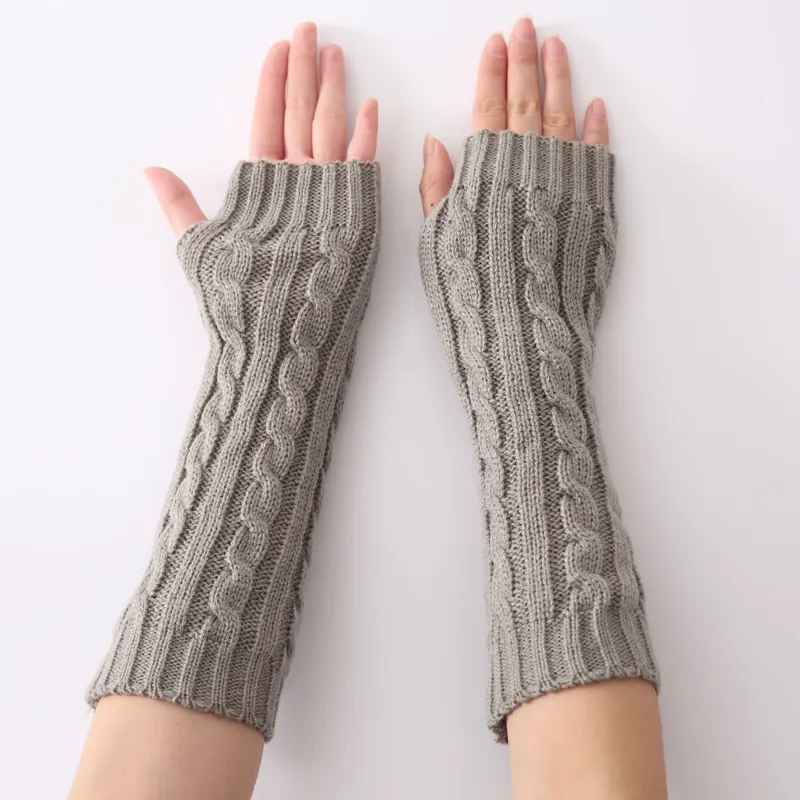 Las mujeres de invierno Cable Knit brazo calentadores guantes sin dedos guantes pulgar agujero guantes mitones de ganchillo muñeca caliente de punto
