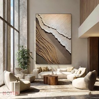 Grande peinture murale abstraite à texture épaisse, peinte à la main, motif vague océanique neutre, sur toile horizontale, pour décoration murale côtière moderne