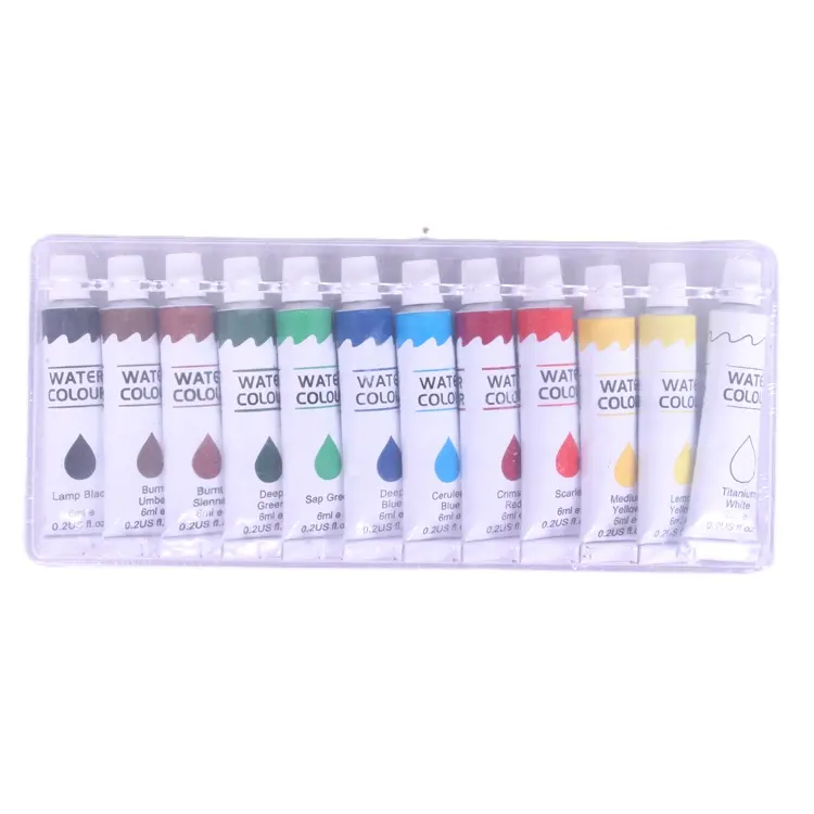 Non toxic back to school 12 colors art paper drawing paintings kids water color paint set 6ml water color in plastic box package