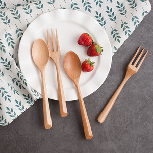 Japanese Style Wooden Spoon And Fork Set Solid Color Eco Friendly <b>Dessert</b> Fruit Coffee Utensils - Product Image 2