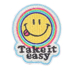 Wangshun Iron On Glitter Smile Face Patch,Custom Cap Patches,Custom Take It Easy Patches No Minimum