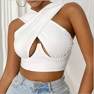 Camisetas sin mangas cruzadas para mujer, Tops cortos sexys sin mangas de Color sólido con recorte frontal, ropa de calle para fiesta y discoteca, Tops con corpiño para mujer