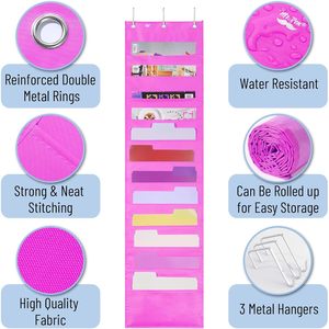 Organisateur de fichiers mural suspendu rose à 12 poches avec 3 crochets de suspension pour portes et murs, rangement de bureau - Product Image 4