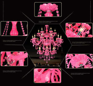 Lustre en cristal rose de style européen, lustre en acrylique rose avec gouttes de cristal et abat-jour en tissu pour l'éclairage de chambre à coucher - Product Image 5