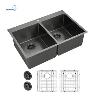 Aquacubic CUPC Certificate Double Bowl Drop In Handmade Black Nano 304 Stainless Steel Kitchen Sink