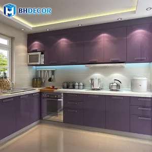 Özel mutfak dolabı yeni tasarım lavanta katı ahşap küçük parlak beyaz ve mor renk parlak Modern mutfak dolapları
