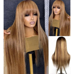 Perruque faite à la machine avec <span class=keywords><strong>frange</strong></span> P4/27 couleur mélangée <span class=keywords><strong>blond</strong></span> miel sans colle Lace Front perruque de <span class=keywords><strong>cheveux</strong></span> humains <span class=keywords><strong>frange</strong></span> - Product Image 1