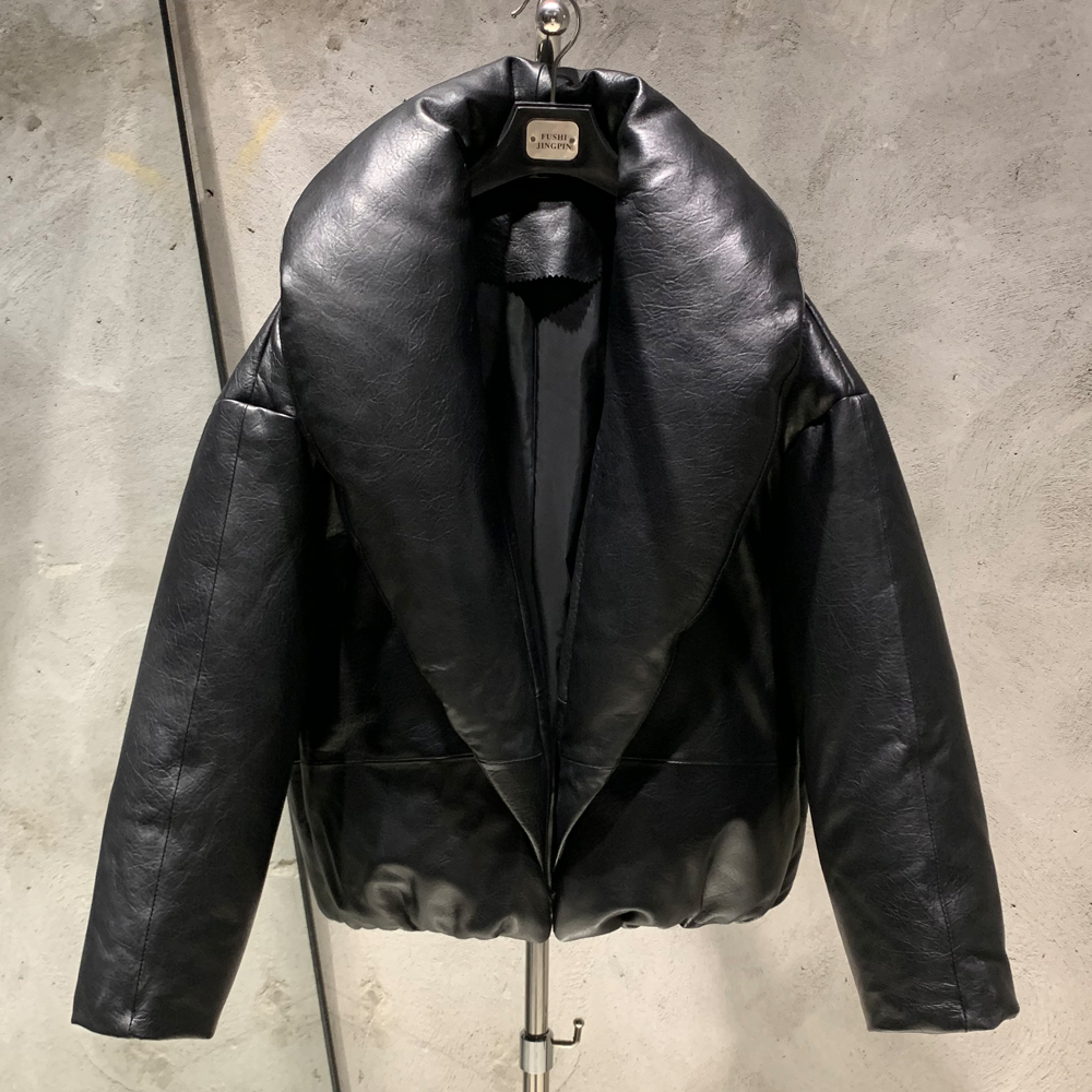 Winter Unisex Leather Down Jackets Black Bomber Leather Jackets Genuine ...