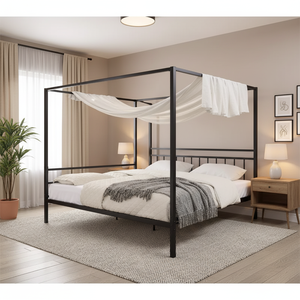 Diseño moderno negro cuatro cama con dosel de metal fácil de montar tamaño queen Marco de hierro resistente camas con dosel de metal para hotel - Product Image 5