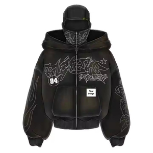 OEM personnalisé unisexe poids lourd lavage à l'acide en détresse surdimensionné fermeture éclair cagoule à capuche coton éponge français Streetwear Applique - Product Image 1