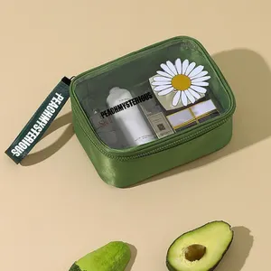 Ucuz özel Logo şeffaf su geçirmez tuvalet kozmetik depolama temizle makyaj çantası papatya Pvc kozmetik güzellik çantası