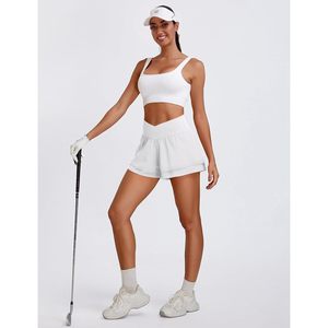 Shorts de course athlétiques pour femmes FOXA, taille haute, croisés, avec poche, 3 pouces, blanc uni, pour l'entraînement - Product Image 5