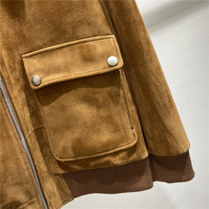Venta al por mayor Casual logotipo personalizado cremallera gran bolsillo suave genuino piel de oveja abrigo Streetwear mujeres otoño Vintage <span class=keywords><strong>chaqueta</strong></span> de cuero de ante - Product Image 2