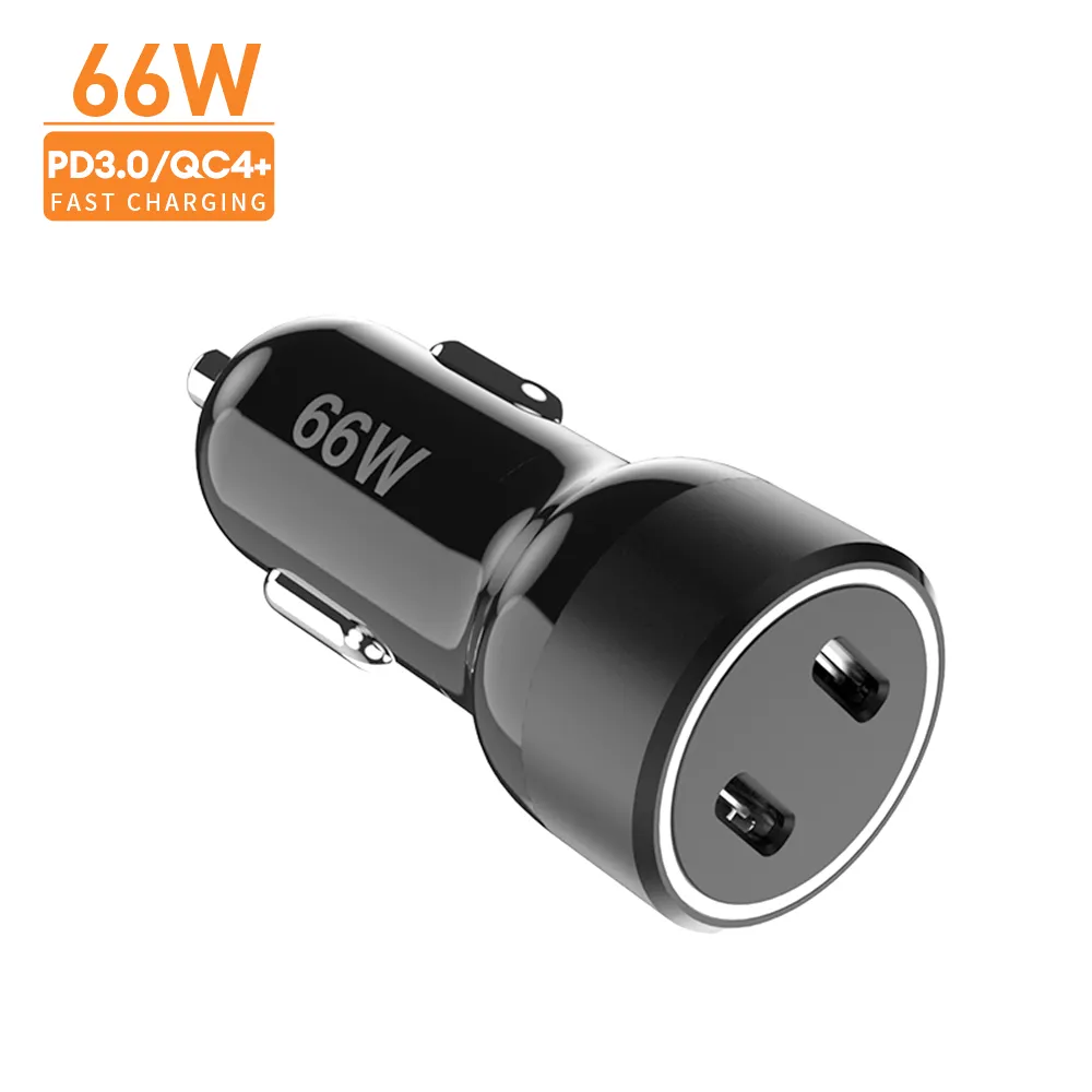 Dual Type-C Ports 66W High Power PD3.0 QC4+ PPS USB-C Car Charger for Laptop Tablet And Mobile Phone