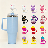 Capuchon de paille en silicone mignon motif ours, lapin, frites, champignons, dessin animé, anti-poussière, pour gobelet Stanley, qualité alimentaire, personnalisable