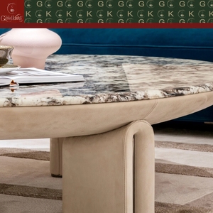Mesa de Centro GOLDKING de Lujo para Área de Descanso, Mármol Blanco Crema con Vetas de Carbón y Parches Marrones, Base de Cuero en Forma de U, Borde Pulido CNC - Product Image 4