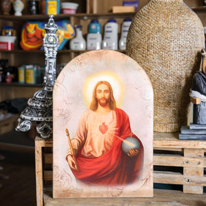 Stock de Plaque en bois arqué chrétien religieux catholique pour le Sacré-Cœur Jésus Statue d'église Signe mural en bois Boîtes d'artisanat en bois - Product Image 3