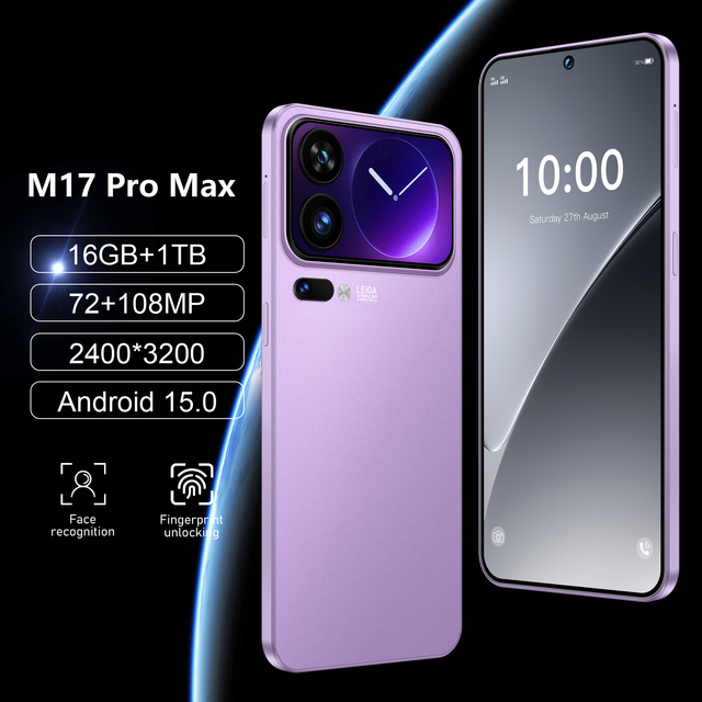 M17 Pro MaxSmartphoneGlobal Version with Full Display90Hz Refresh Rate Face Recognition Fingerprint Unlock Gaming Mobile Phone
