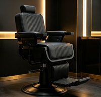 Fauteuil de Barbier Moderne Entièrement Noir en Cuir Cousu Verticalement pour la Coiffure et le Styling