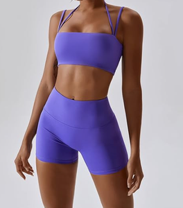 Conjuntos de entrenamiento para mujer, 2 piezas, sujetadores deportivos con cuello Halter frontal torcido, pantalones cortos de cintura alta, ejercicio, <span class=keywords><strong>gimnasio</strong></span>, traje de Yoga - Product Image 4