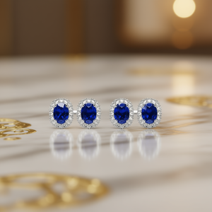 Boucles d'oreilles clous ovales bleu saphir E2115 avec serti circulaire, bijoux fins classiques unisexes - Product Image 2