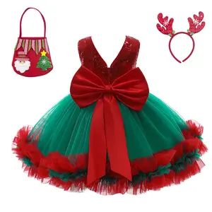 2023 New Christmas Party Princess Dresses For Girls Children's Costume Bow Sequin Dress Fluffy Performance Evening Prom Vestidos