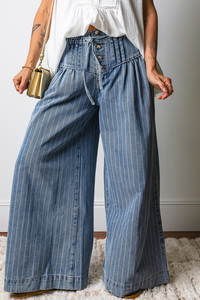 Dear-Lover Wholesale Women Sky Blue Stripe Button Pleated Drawstring Waist Casual Wide Leg <strong>Jeans</strong> - Product Image 4