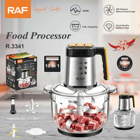 RAF R.3341 Pengolah Makanan Dua Wadah 500W 10 in 1 dengan Wadah Kaca dan Stainless Steel, 3 Kecepatan Pemotong untuk Daging, Sayuran, Penggunaan Dapur