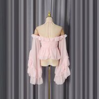 Ensemble deux pièces en mousseline rose clair à fleurs 3D, épaules dénudées, volants, manches évasées, crop top et jupe longue, vente en gros d'usine