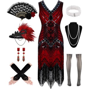 Robes des années 1920 pour femmes, <span class=keywords><strong>robe</strong></span> flapper, dentelle, éventail, plumes, bandeau, paillettes, perles, franges, accessoires des années <span class=keywords><strong>20</strong></span>, costume vintage mafia - Product Image 1