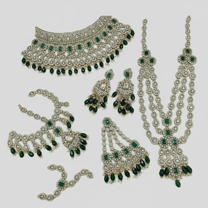 Parure de bijoux ethnique de haute qualité pour mariée, fiançailles, mariage, fête, en laiton plaqué platine avec zircon, collier ras-du-cou et boucles d'oreilles effet ombre - Product Image 2