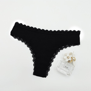 Tangas de algodón acanalado negro para mujer con encaje, tiro bajo, suaves y elásticas, ropa interior cómoda tipo G-string, venta al por mayor - Product Image 4